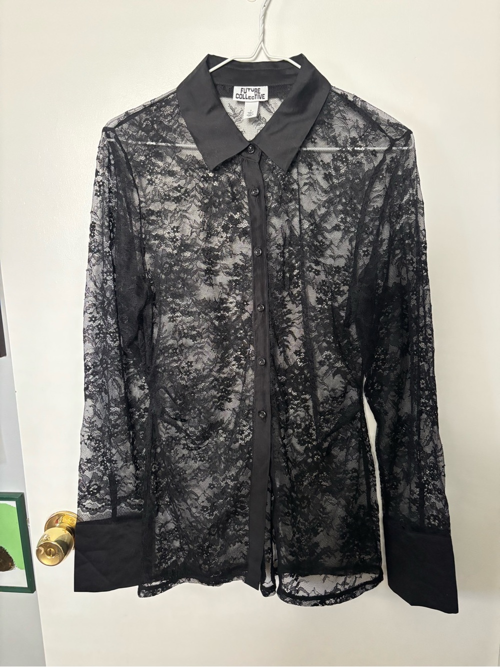 Quiet Luxury Whimsigoth Flirty Future Collective Black Lace Button-Up Shirt - Picture 1 of 4